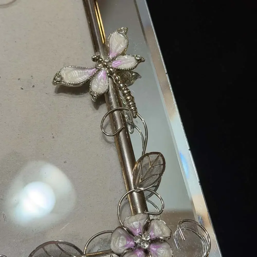 Vintage Style Mirrored Photo Frame with Enamel Dragonfly and Floral Accents
